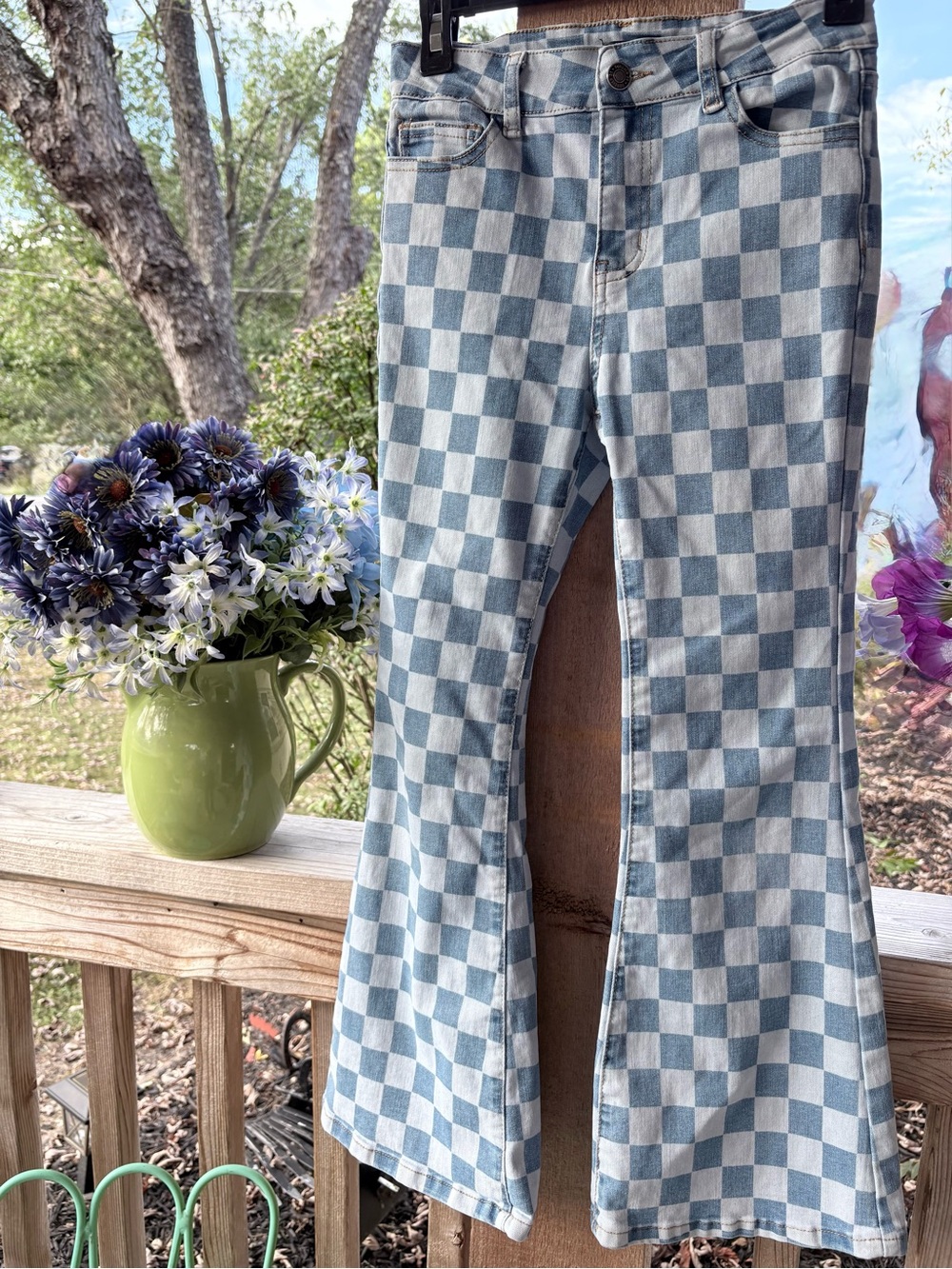 Girl’s Forever 21 Kids Blue Check Flare Leg Denim Jean Youth Size 11/12